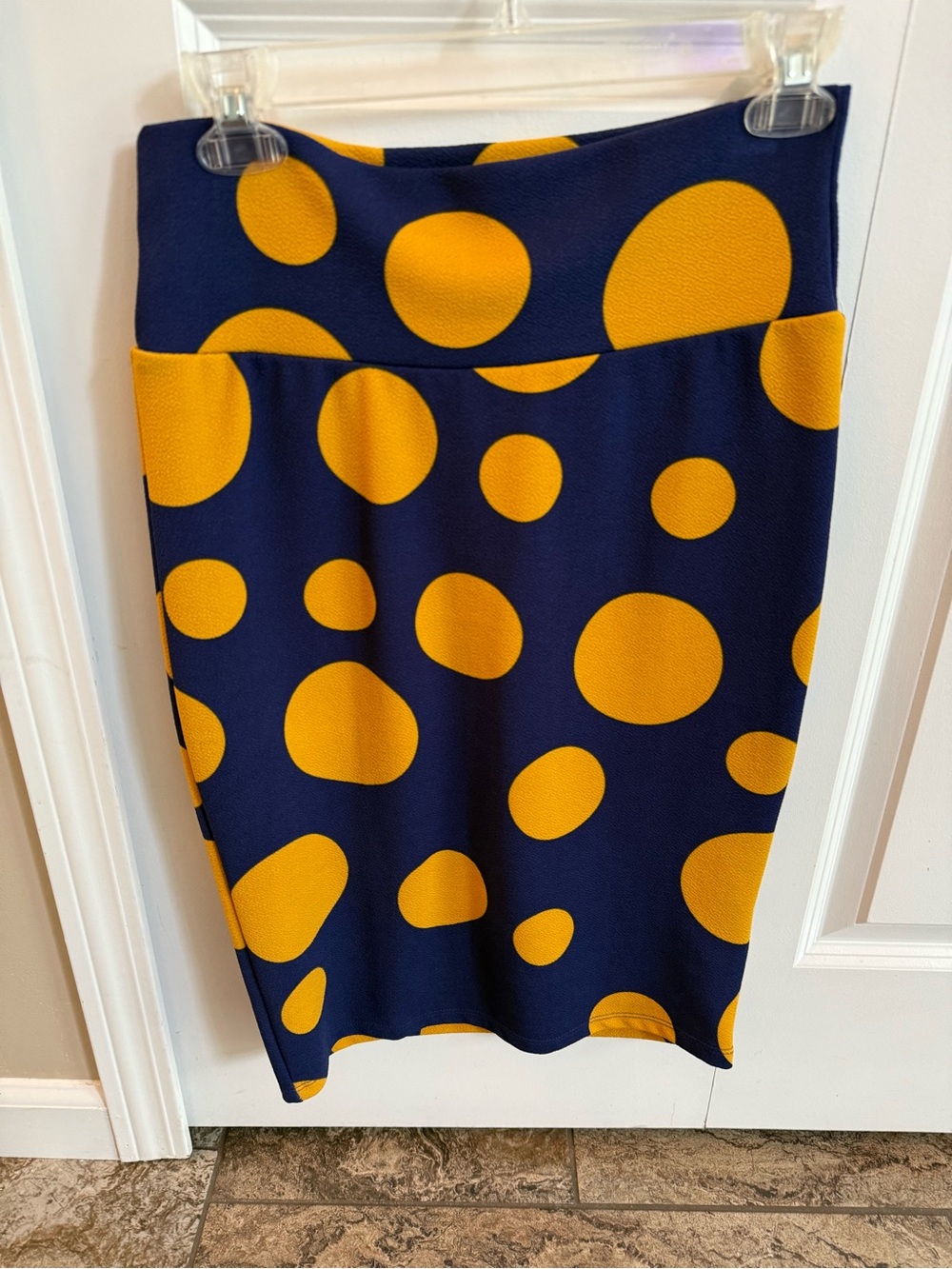 LuLaRoe Navy Pencil Skirt with Mustard Polka Dots
